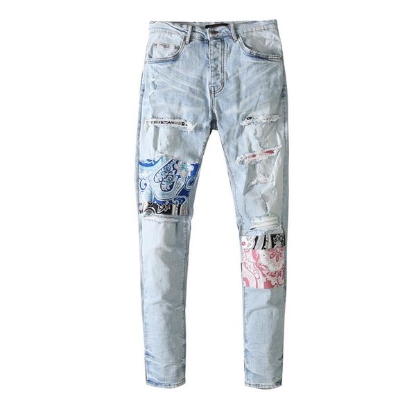 Мужские джинсы светло -голубые дыры замороженные брюки европейская и американская мода26H