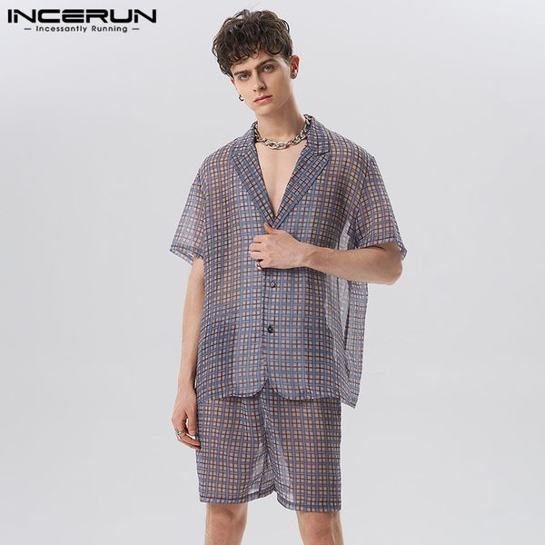 Tute da uomo INCERUN 2023 Set da uomo Stampa Camicia a maniche corte con risvolto allentato trasparente Pantaloncini 2 pezzi Streetwear Abiti da vacanza sexy S 5XL 230718