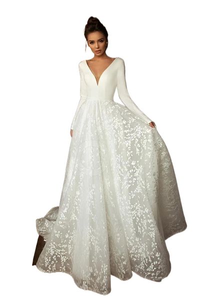 Elegante Brautkleider aus Satin mit langen Ärmeln, Vintage-Stil, tiefer V-Ausschnitt, offener Rücken, Strand-Bohemian-Brautkleid in Übergröße
