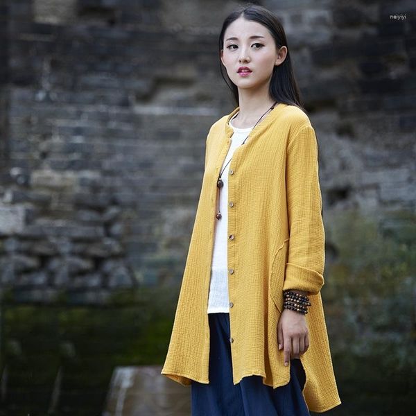 Abbigliamento etnico Camicia di lino Camicetta tradizionale cinese da donna Kimono da donna 2023 Cardigan Cheongsam Top TA989