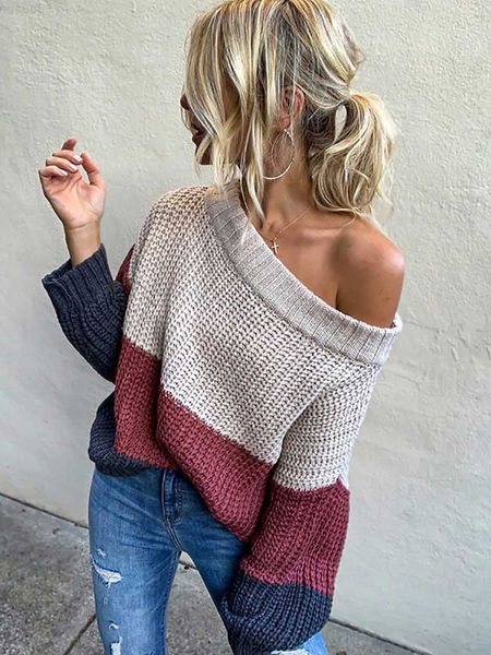 Damenpullover Fitshinling Off Shoulder Damen Oversize Pullover Patchwork Bohemian Pullover Strickpullover Urlaub Slim Pullover Damen Kleidung L230718