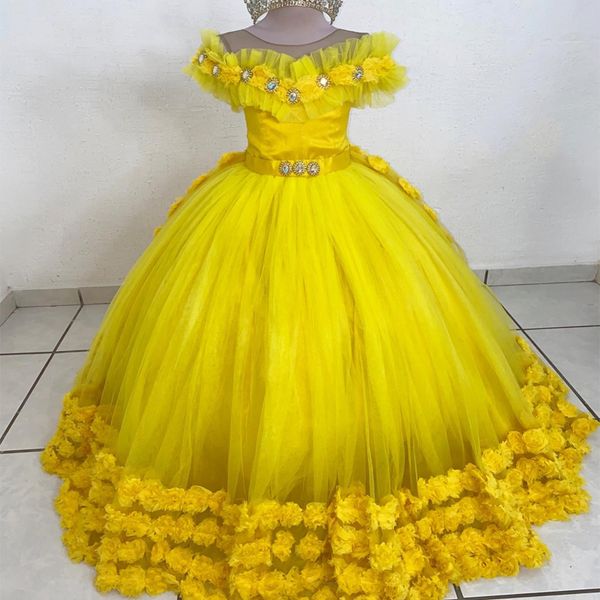 Желтое платье принцессы с цветочным узором для девочек, 2024 г., тюлевое платье с кристаллами и цветами на шнуровке, пышное бальное платье, детское платье, платье для первого причастия