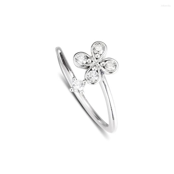 Anelli a grappolo Argento sterling 925 genuino per le donne Anello a fiore a quattro petali Anello di fidanzamento Dichiarazione di matrimonio Gioielli Regalo per feste Anelli