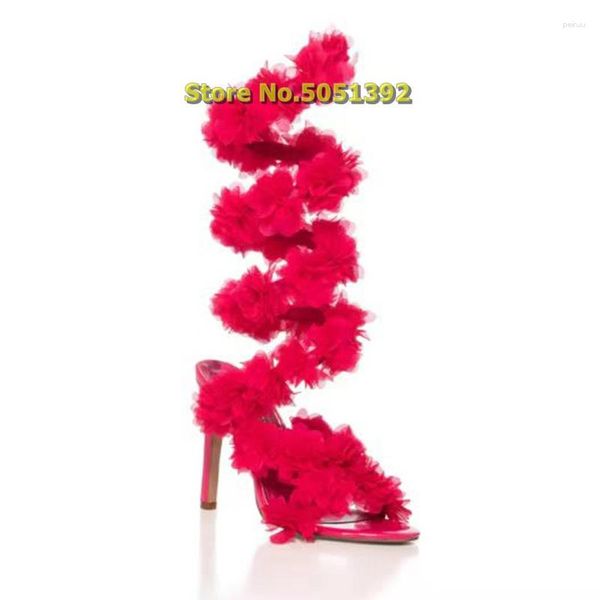 Sandalen Rot Pelz Schnur Stiletto Ferse Offene spitze Blume Twist Riemchen 2023 Sommer Frauen Kleid Schuhe Dünne Hohe