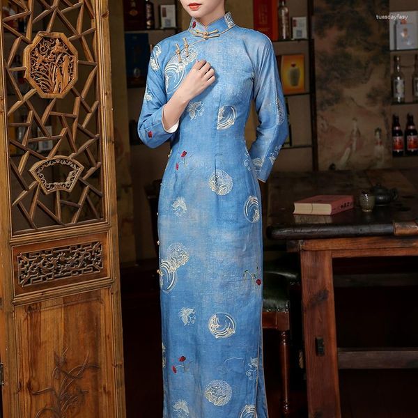 Roupas étnicas Qipao Blue Printing Cheongsam Dress Plus Size Large Middle Sleeve Tradicional Retro Cheongsams Long Oriental Woman Costume