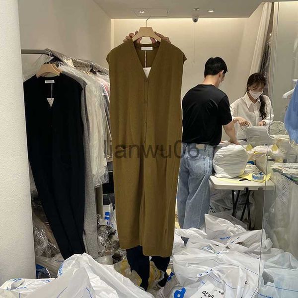 Camisolas femininas SuperAen 2021 novo sólido com decote em V sem mangas casual botão cardigã longo colete de malha vestido feminino J230718