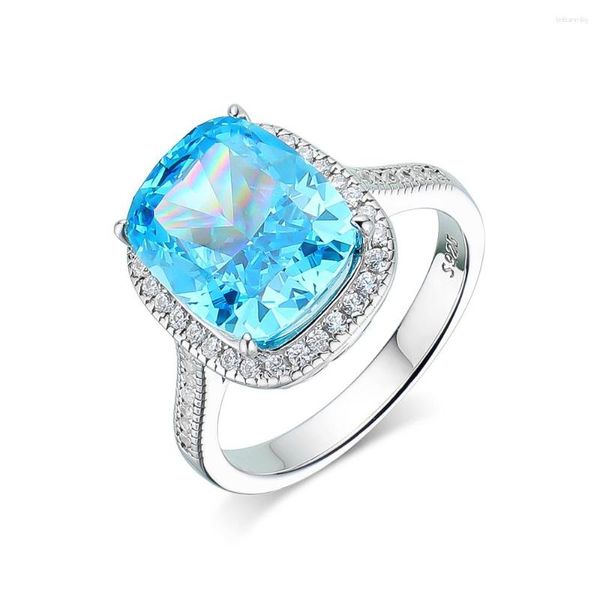 Cluster Anéis Prata Esterlina 925 10 12mm Aquamarine Esmeralda Anel de Diamante de Alto Carbono Para Mulheres Casamento Brilhante Jóias Requintadas Gif