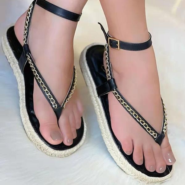 Sandalen Frauen Casual Mode Plattform Seil Flip-Flops Flache Komfort Metall Kette Römischen Plus Größe Chaussures Femme