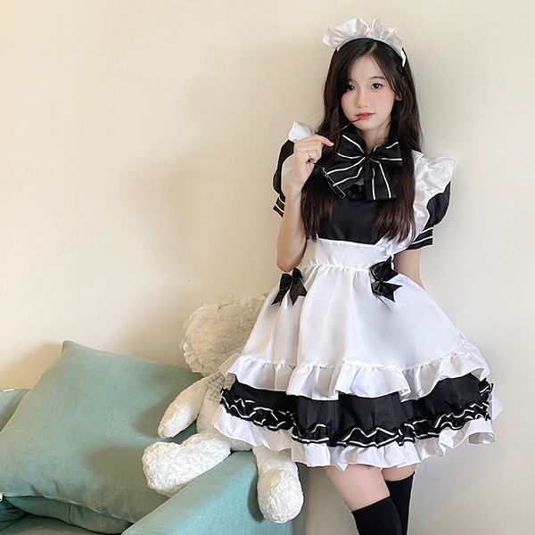 Костюмы косплея черная горничная милая лук узел аниме готика лолита плюс размер японское платье для вечеринки каваи черная белая официантка кофе