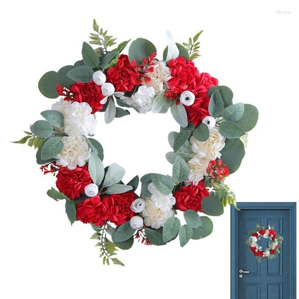 Coroa de flores decorativas para porta de primavera e verão, guirlanda de hortênsia vermelha e branca, feita à mão, verde para festa de férias em ambientes internos e externos