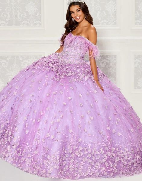 Lilás Lavanda Princesa Tule Quinceanera Vestidos com Pena Fora do Ombro 3D Floral Gillter Espartilho Vestidos de Formatura 15 anos