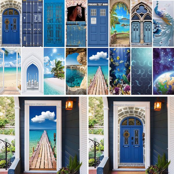 Adesivi murali Blu Porta Murale Autoadesiva 3D Rilievo Spiaggia Mare Carta da parati Dimensioni personalizzate Design per la casa Decor Natura Scenario Decal 230717