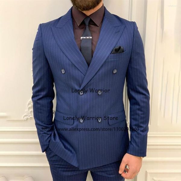 Herrenanzüge Mode Marineblau gestreift Herren Slim Zweireiher Business Blazer Hochzeit Bräutigam Smoking Bankett 2-teiliges Set Kostüm Homme