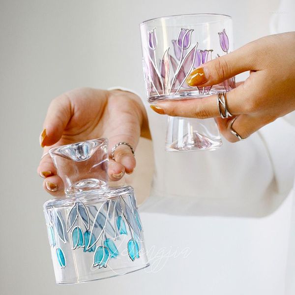 Bicchieri da vino JINYOUJIA Tulipani dipinti a mano Bicchieri di vetro Colore Tazza d'acqua Fondo spesso Cristallo Whisky da donna Utensili da cucina