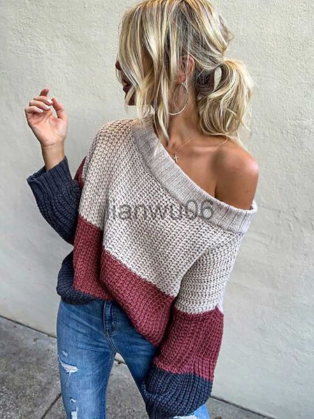 Frauenpullover Fithodering von Schulter Frauen übergroßer Pullover Patchwork Bohemian Pullover Stricker Jumper Holiday Slim Pullover Frauen Kleidung J230718