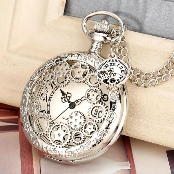 Orologi da taschino Ruota d'argento Bobina Ingranaggi cavi Design Collana Orologio al quarzo Maglione Catena Stelle Ciondolo FOB Orologio con accessorio per ingranaggiTasca