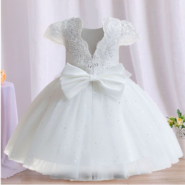 Baby Paillettes Flower Dress 12M Girl White Battesimo Bow Tutu Gown Girl 1 Year Birthday Princess Outfit Toddler 1st Comunion Costume