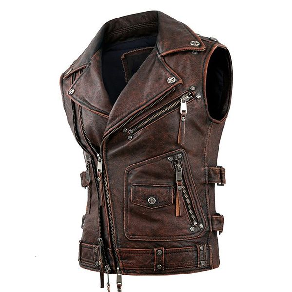 Männer Leder Faux Vintage Braun Motorrad Westen Männer Natürliche Rindsleder Echte Jacke Ärmellose Reit Weste Motor Biker Jacken 230718