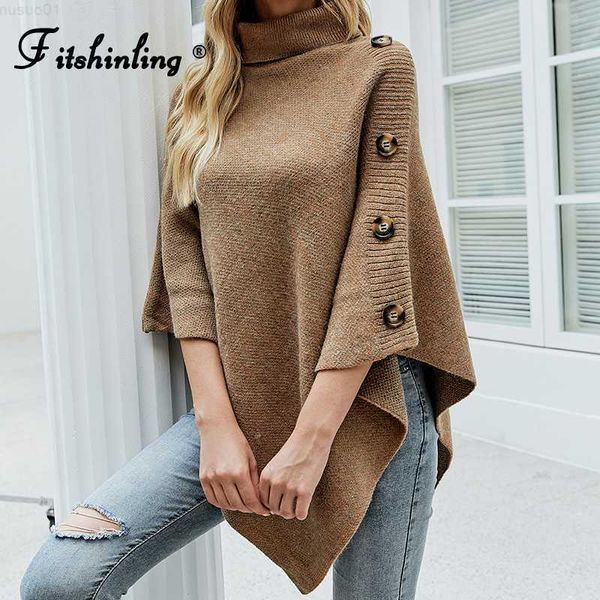 Maglioni da donna Fitshinling Buttons Poncho lavorato a maglia vintage Maglione dolcevita invernale Bohemian Solid Capo irregolare Femme Irregelar Shl New L230718