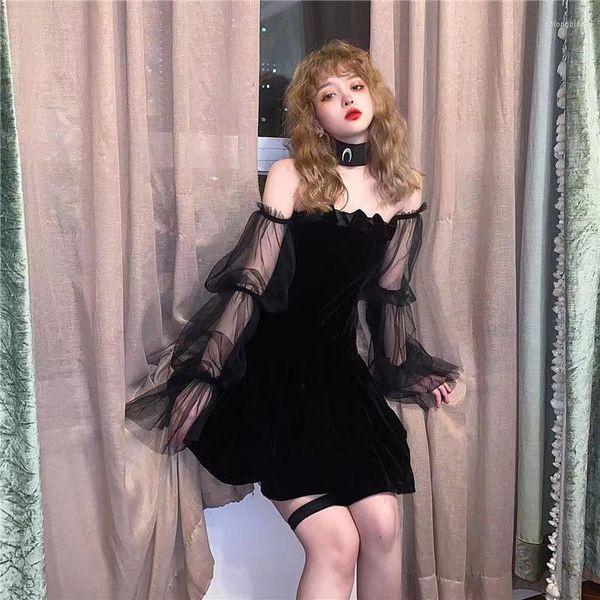 Casual Kleider 2023 Schwarz Party Kleid Frauen Spitze Chiffon Mini Weibliche Hohe Gothic Sexy Koreanische Mode Club