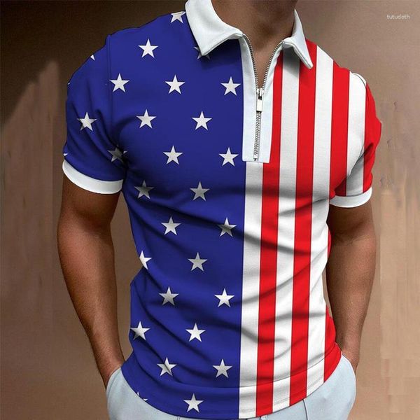 Polo da uomo Abbigliamento di moda Polo Street Bandiera americana Stampa T-shirt a maniche corte casual da uomo Colletto rovesciato Top con cerniera