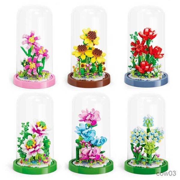 Blöcke Baustein Blumenstrauß Kreative Rose Nelke Pflanze Topfblume Mini Brick Home Ornament DIY Kinder Montage Spielzeug Mädchen Geschenk R230718