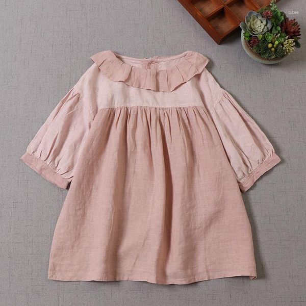 Camicette da donna Japan Style Sweet Mori Girl Ruffle Collar Camicia di lino ricamata Skinny Cute Jumper Top per donna Pullover Camicetta Mujer