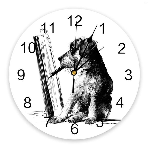 Orologi da parete Cani Orologio disegnato a mano Grande cucina moderna Sala da pranzo Camera da letto rotonda Orologio da appendere silenzioso