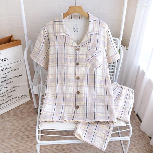 Pijamas femininos de algodão estampado xadrez para casais manga curta calças compridas conjunto de duas peças para homens e uso doméstico verão