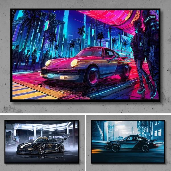 Cyberpunk-Porsche-Comics, cooles Auto, Leinwandgemälde, Supercar-Poster, Wandkunstdruck, Bilder für Wohnzimmer, Jungenzimmer, Heimdekoration w06