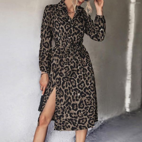 Vestidos Casuais Moda Feminina Camisa com Estampa de Leopardo Vestido Manga Comprida Cintura Alta Renda Feminina Elegante Turndown Pescoço Fenda Festa