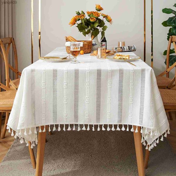 Toalha de mesa de linho de algodão vintage rústica com corte branco ornamento com borla retangular toalha de mesa capa toalha decoração L230626
