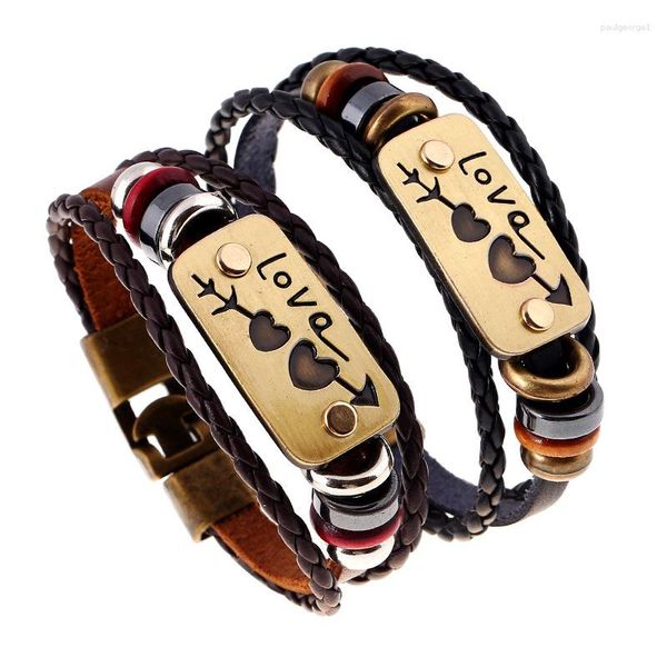 Charme Pulseiras Casal Coração Multicamadas Couro Tecido Bangles Para Homem Mulher Moda Pulseira Amante Jóias Acessórios Presente