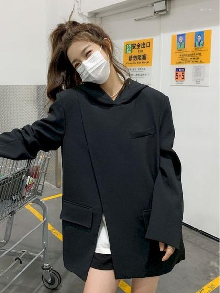 Damenanzüge Insozkdg Mode Unregelmäßige Kapuzenblazer Frauen Schlitz Lange Ärmel Mäntel Koreanischer Stil Bürodame Kleidung 2023 Jacke