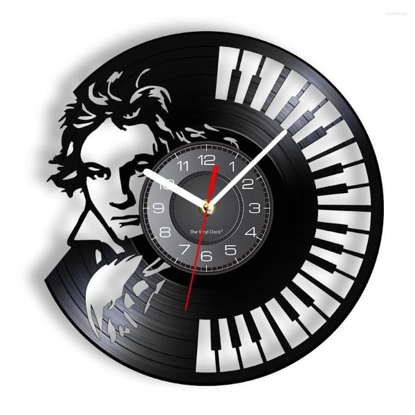 Orologi da parete Beethoven Portrait Art Orologio da tastiera per pianoforte Vintage Record Symphony Regalo per gli amanti della musica classica