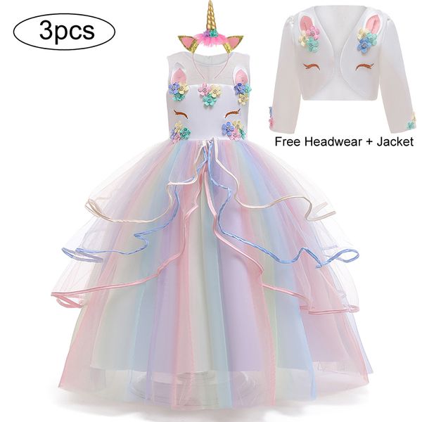 Christmas Girl Unicorno Rainbow Long Dress Flower Girl Wedding Party Princess Dress Lucky Baby Girls Birthday Dress Set 3-12 anni