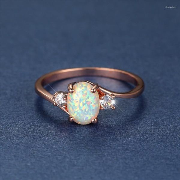 Anéis de casamento branco opala pedra oval anel de noivado rosa ouro cor nupcial delicado cristal fino para mulheres joias minimalistas