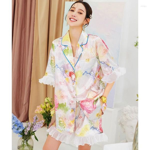 Kadın pijama saten baskılı kadın pijama iki parçalı set kısa kollu şort örgü dantel ev aşınma yaz buz ipek dışarıda