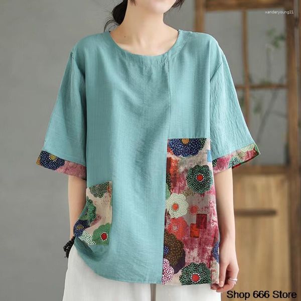 Ethnische Kleidung, weites T-Shirt, Baumwolle, Chinoiserie, traditioneller Druck, Damen-Top, Sommer, Vintage, entspanntes Kleid, orientalisch, Gewicht 90 kg