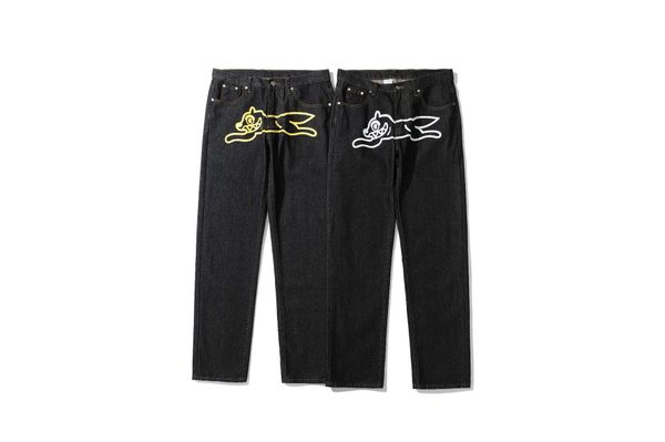 Jeans stampati con testa di cane volante High Street per uomo Pantaloni a gamba dritta casual a gamba larga