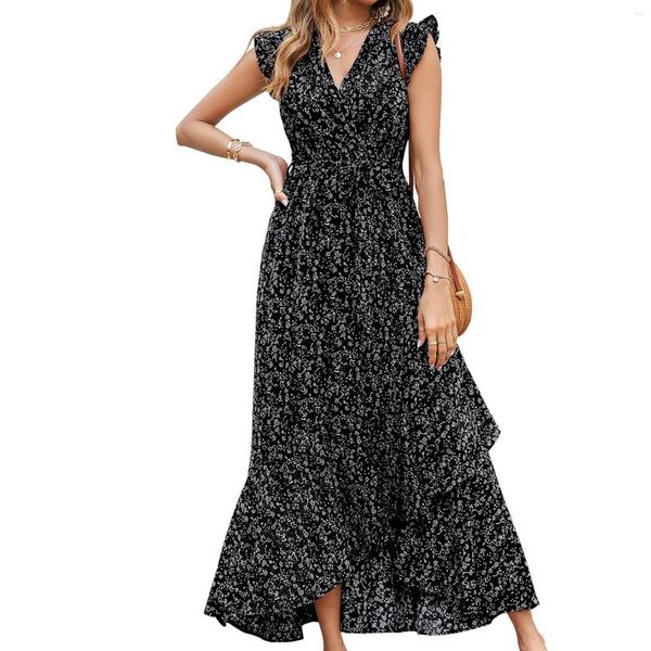 Abiti casual Abito bohemien stampato con motivo floreale per le donne 2023 Scollo a V senza maniche Orlo con volant Abbigliamento donna Vestidos