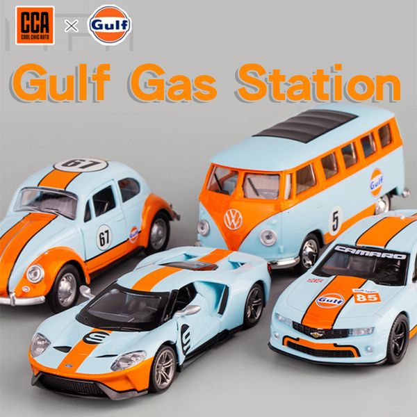 Diecast modelo CCA Gulf Gas Station Fusca Bus Ford GT Camaro Racing Car Metal Miniatura Vehicle Toy For Boy Gift 230617