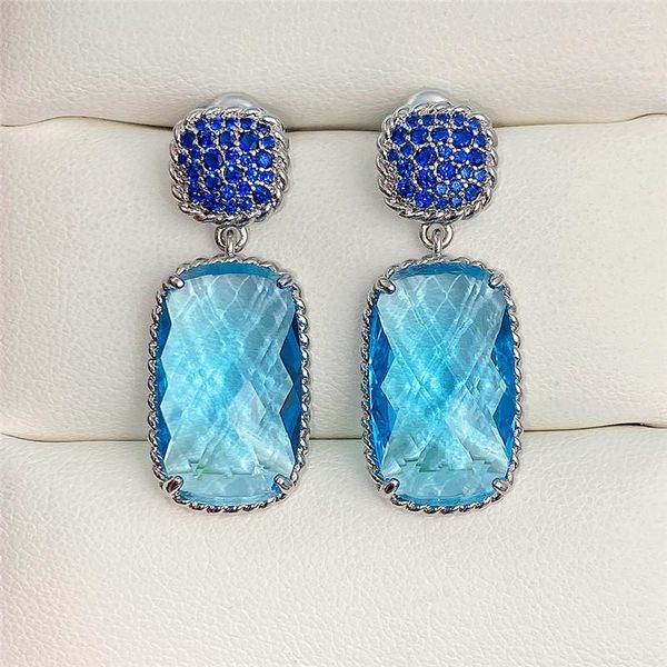 Brincos pendentes WUKALO Luxo Azul CZ Pedra Grande em Forma Geométrica Exclusiva Feminina para Festa de Casamento Jóias da Moda