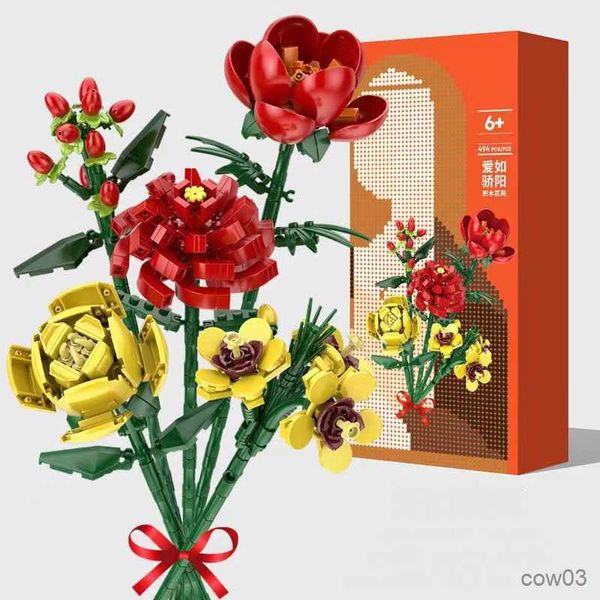 Blöcke Bausteine Blume Pflanze Topf Blumenstrauß Heimdekoration DIY Lilie Rose Simulation Blume Kinder Lernspielzeug Geschenk R230718