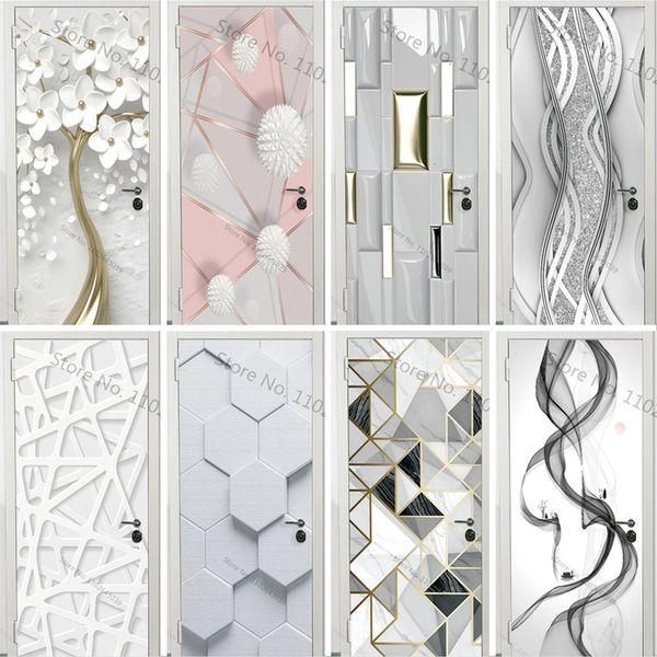 Adesivos de parede PVC Flores Geometria Adesivo para porta Moderno 3D Abstrato Linha Prata Papel de Parede Portas Brancas Poster Autoadesivo Decoração 230717