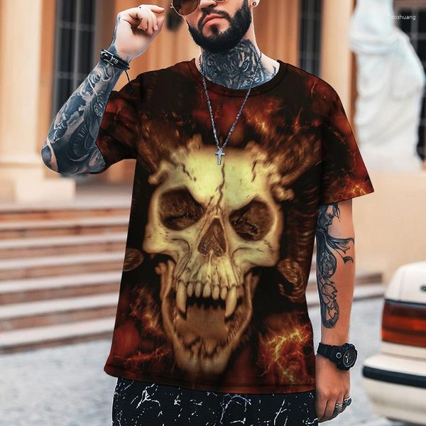 Camisetas masculinas Camisa estampada com caveira Summer Men T-shirt Street Harajuku Hip Hop Trendy Terror Pattern Streetwear Tops respiráveis