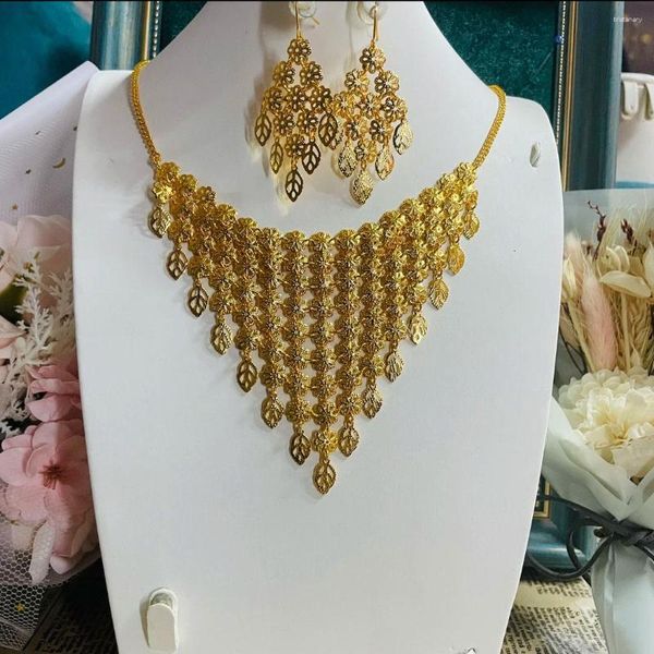 Halskette Ohrringe Set Dubai 24K vergoldet Damenschmuck Braut Hochzeit Accessoires 0006
