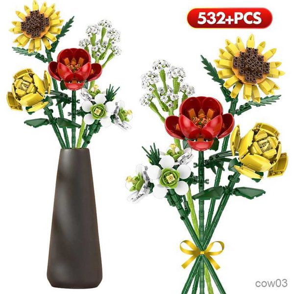 Blöcke Mini Stadt Freunde Baustein Blumenstrauß Dekoration Pflanze Topf Sonnenblume Rose Blume Montage Ziegel Mädchen Spielzeug Kind Geschenk R230718