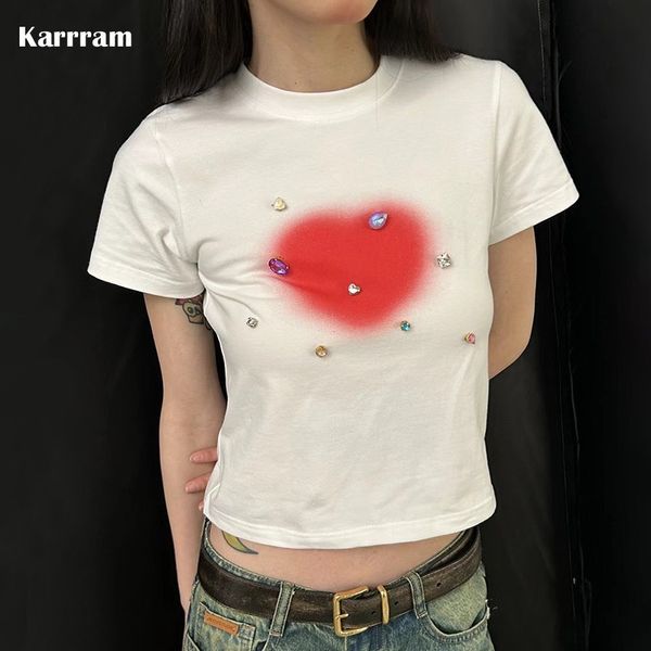 Damen T-Shirt Karrram Y2k Aesthetics Crop Top Grunge Diamond Kurzarm T-Shirt Slim E-Girl 2000er Jahre Kleidung Koreanische Mode Streetwear Harajuku 230717