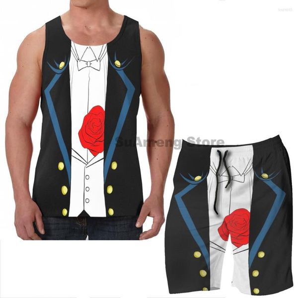 Fatos de treino masculinos verão casual engraçado estampado tops masculinos feminino smoking máscara board shorts de praia conjuntos fitness colete sem mangas